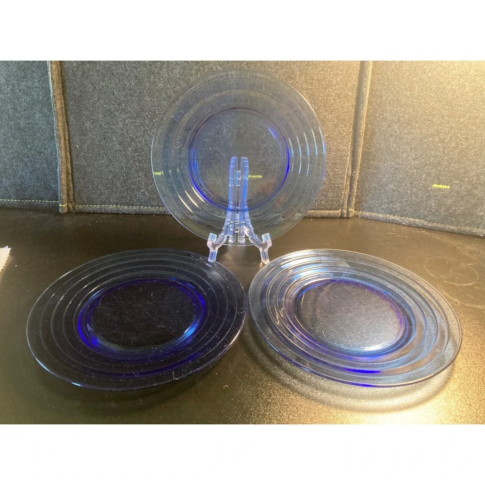 Vintage Cobalt Blue Glass Salad Plates Set of 3 Concentric Ring Art Deco 8